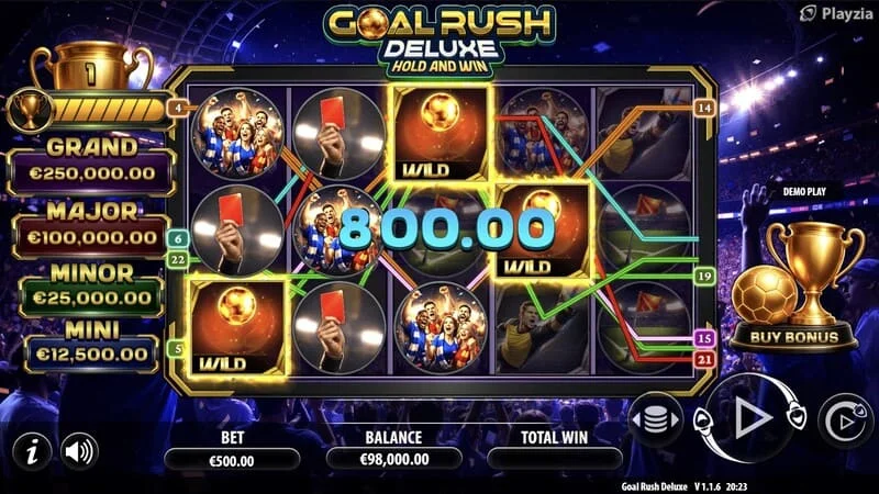 „Goal Rush Deluxe“ – pagrindinis žaidimas, iškrentanti laimėjimo linija