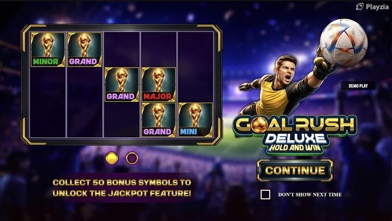 „Goal Rush Deluxe“ – pagrindinis meniu su būgnais ir stadiono tribūnomis